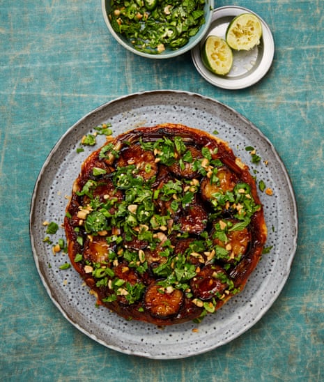 Georgina Hayden's sticky aubergine peanut and herb tarte tatin.