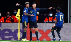 Cristiano Ronaldo of Manchester United celebrates with Marcus Rashford after scoring their side’s first goal.
