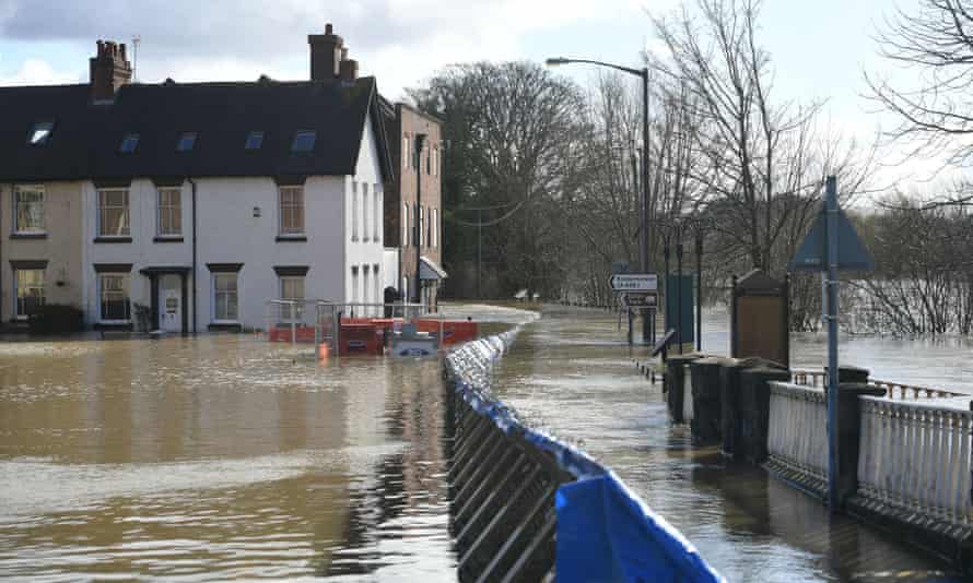 Temporary flood defences in Bewdley, Worcestershire, on 26 February 2020 after they were breached overnight.