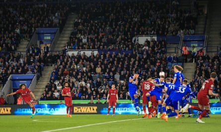 Trent Alexander-Arnold of Liverpool scores their third goal during the Premier League match between Leicester City and Liverpool.
