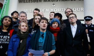 Activists led by Dannielle Paffard (centre) outside Willesden magistrates court earlier on Wednesday.