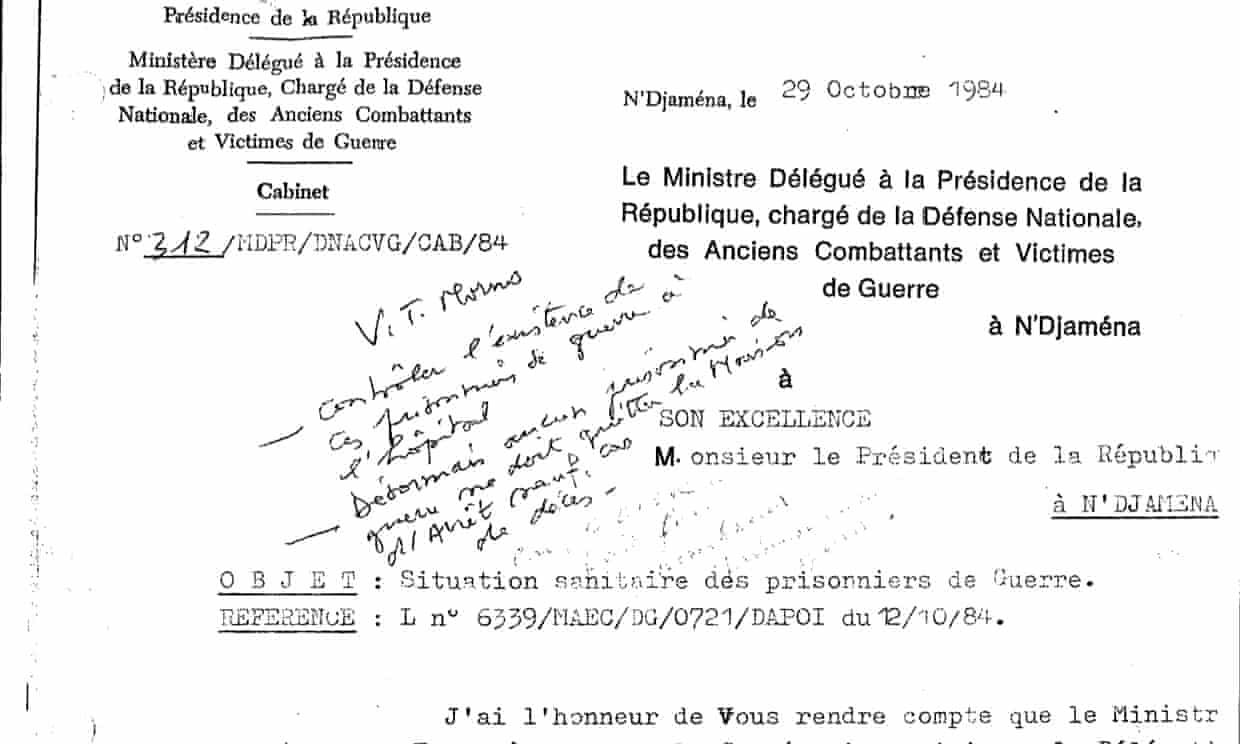 A document showing the note ‘No prisoner to leave the prison except in case of death’ scrawled in Habré’s handwriting.
