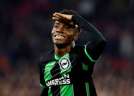 Brighton's Simon Adingra celebrates scoring their second goal at Ajax.