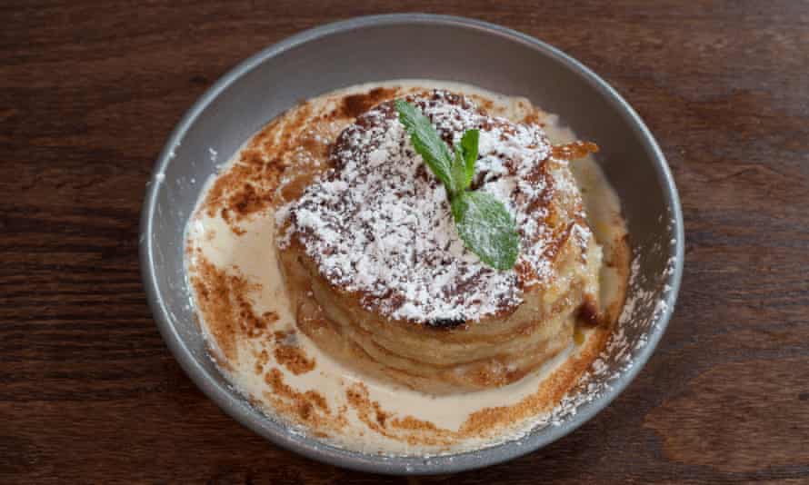 “An airy, sweet and crumbly marvel”: bread and butter pudding.