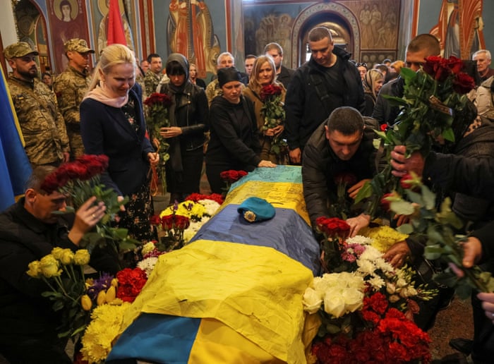 A memorial service for Ukrainian serviceman Ruslan Borovyk seen in central Kyiv on Wednesday.