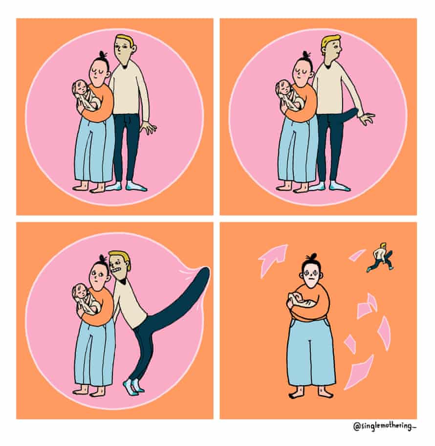 A series of cartoons of a woman holding a baby and her partner bursting the bubble that surrounds them with his massive erection
