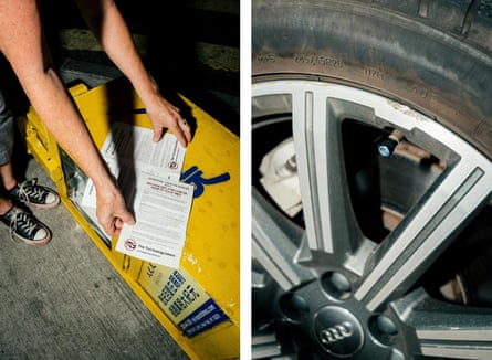 Left: Hands organizing flyerrs. Right: Close-up of a tire with an Audi logo