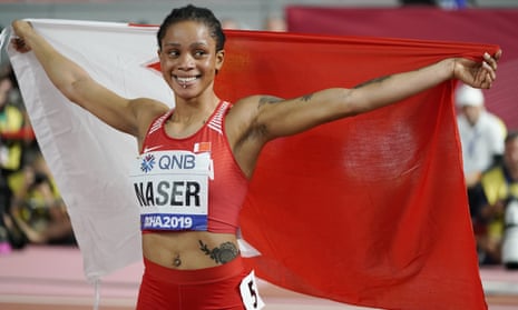 Salwa Eid Naser celebrates winning gold in the women’s 400m final at the World Athletics Championships in Doha in October 2019