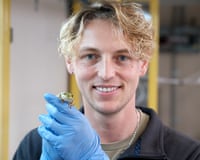 A man wearing blue gloves holding a frog