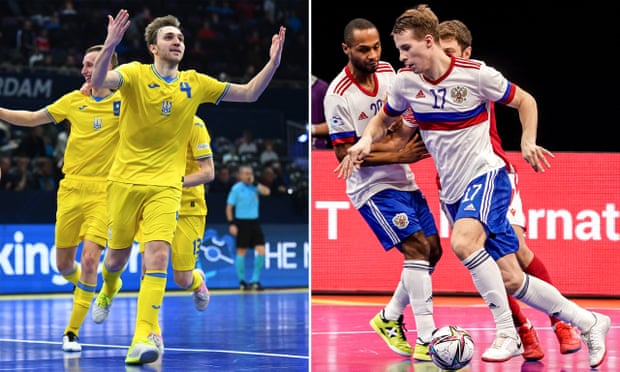 The Ukraine (left) and Russia futsal teams in action at the Euro 2022 tournament in Amsterdam.