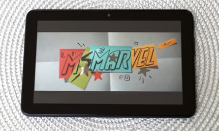 An episode of Ms. Marvel on Disney+ playing on a Fire 7 tablet.