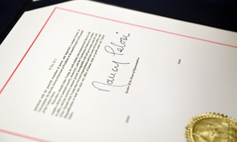 The signature of Nancy Pelosi on the article of impeachment during an engrossment ceremony after the House voted to impeach Trump.