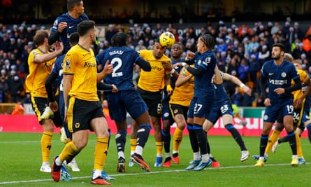 Mario Lemina (centre) scores Wolves’ first goal against Chelsea at Molineux