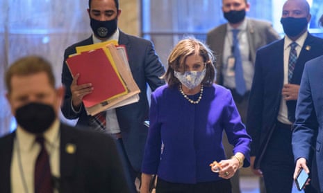 The House speaker, Nancy Pelosi, arrives at the US Capitol on Monday. Moderate and progressive Democrats are split over the size of Joe Biden’s social spending package.