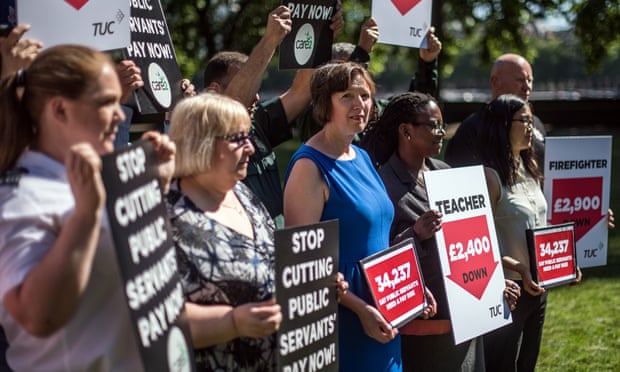 Frances O’Grady (centre), general secretary of the TUC, joins union members at a protest