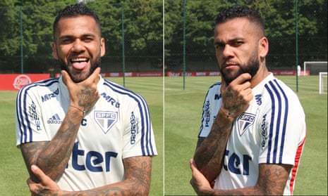 Dani Alves poses at São Paulo’s training ground.