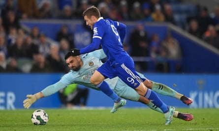 Jamie Vardy goes past Nick Townsend to score Leicester’s third