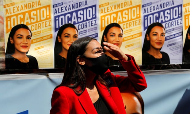 Alexandria Ocasio-Cortez on a campaign stop in Queens on 23 June.