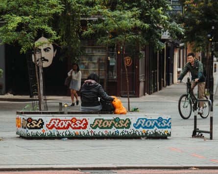 Florist’s decorated bench in Old Street, London.