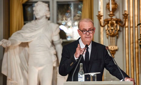 2014 laureate Patrick Modiano delivers his Nobel lecture at the Swedish Academy.