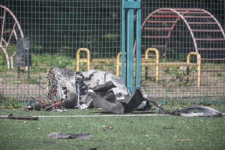 The remains of a missile on a football field in Ukraine