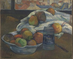 Bowl of Fruit and tankard before a window (prob 1890) by Paul Gauguin