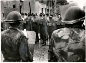 The Ulster Defence Association (UDA) confront the army in Belfast, Northern Ireland, 1972