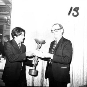 V S Naipaul receiving a cheque and trophy from Professor Kermode
