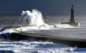 Storm waves hit Seaham lighthouse in Sunderland