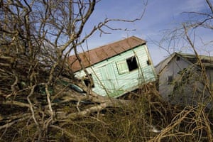 A house thrown from its foundation by Hurricane Ike