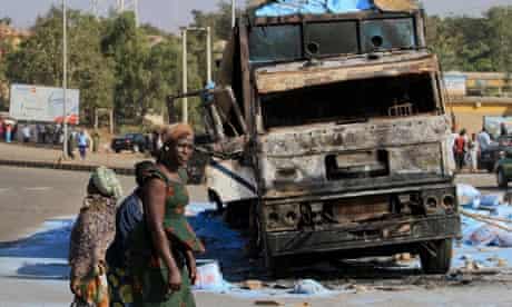 burnt truck in Nigeria's central city of Jos