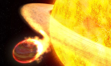 Artist's conception of the explanet Wasp-12b being mangled by the heat of its parent star