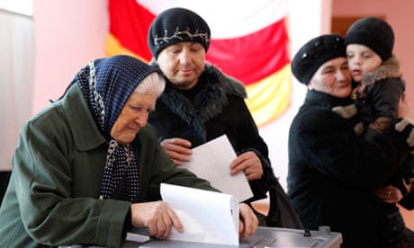 Elderly Russian women casting votes