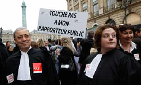 French magistrates participate in a demonstration near the Justice Ministry in Paris