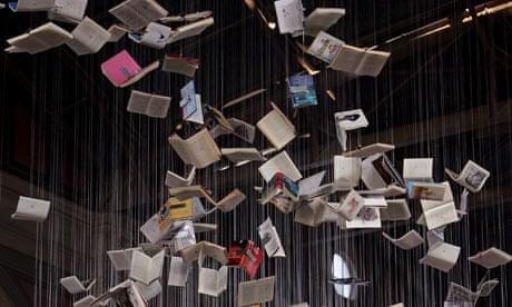A book sculpture hangs in the main station in downtown Zurich