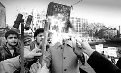 Salman Rushdie’s Satanic Verses is burned by Muslims in Bradford, 1989.