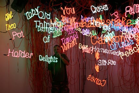 Fabricator Kerry Regan with Jason Rhodes's neons.