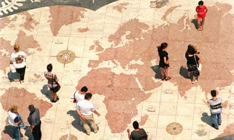 People walking on a world map