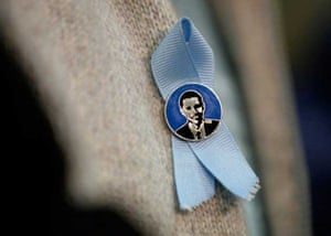 A lapel pin with the image of Democratic Presidential hopeful Sen. Barack Obama (D-IL) is worn by a supporter at a campaign rally in the gymnasium at Concord High School January 7, 2008 in Concord, New Hampshire.