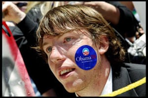  A young man wears a sticker on his face in support of US Democratic Senator and 2008 presidential candidate Barack Obama, during the California Democrats convention.