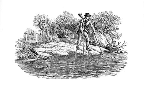 Man on stilts crossing river. Wood engraving by Thomas Bewick