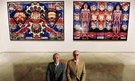 Gilbert and George strike a pose at the launch of their new exhibition, Jack Freak Pictures