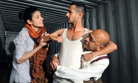 Amber Agar, Abhin Galeya and Hassani Shapi in The Container at the Young Vic