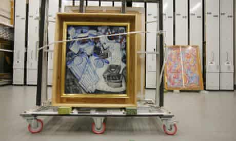 Natalya Goncharova's Linen (1913) on a trolley in the Tate storage warehouse