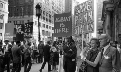 Jane Jacobs (wearing glasses) with picketing crowds outside Penn Station in 1963