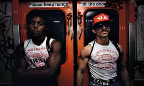 A Bruce Davidson photograph showing two members of the Guardian Angels on the New York subway