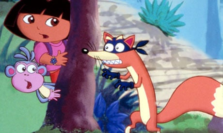 Dora and Boots hide from Swiper behind a tree