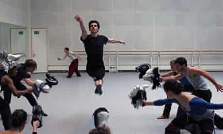 Royal Ballet dancers rehearse with Chris Ofili's hound heads.