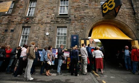 On queue … theatregoers line up at Pleasance Courtyard.