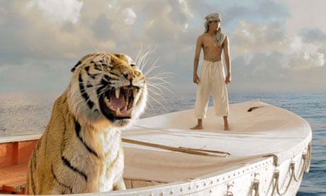 Suraj Sharma as Piscine Molitor Patel adrift with the Bengal tiger, Richard Parker